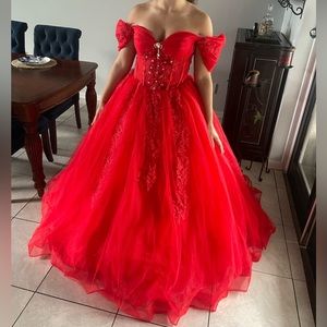 Red ball gown with train